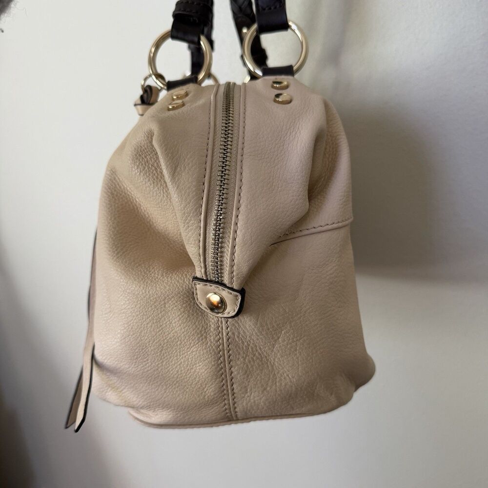 B. Makowsky Cream Beige Leather Shoulder Bag Satchel Braided Handles Boho Purse - Picture 5 of 16